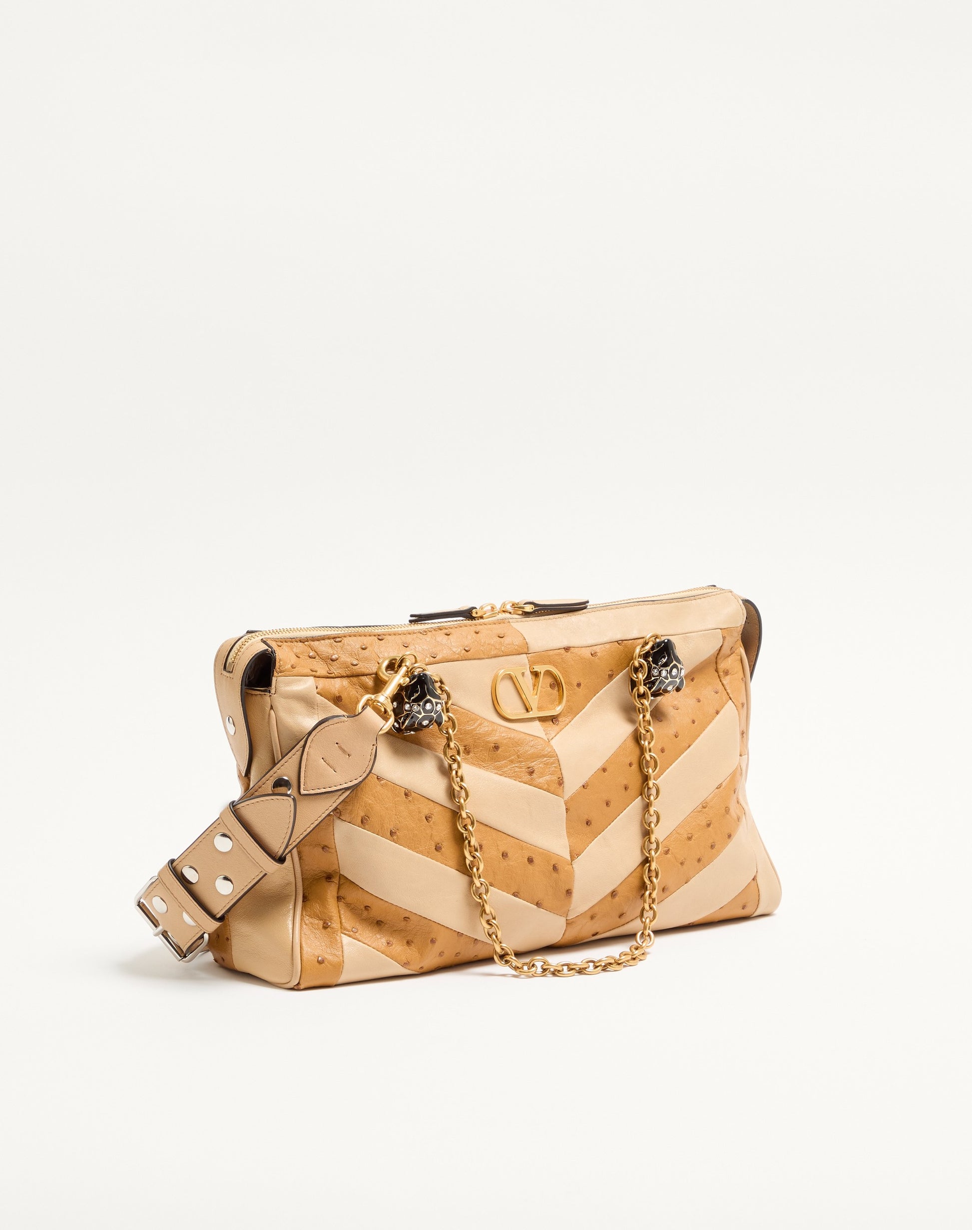 Valentino Garavani Panthea Medium Shoulder Bag In Ostrich And Nappa Leather With A Chevron Pattern