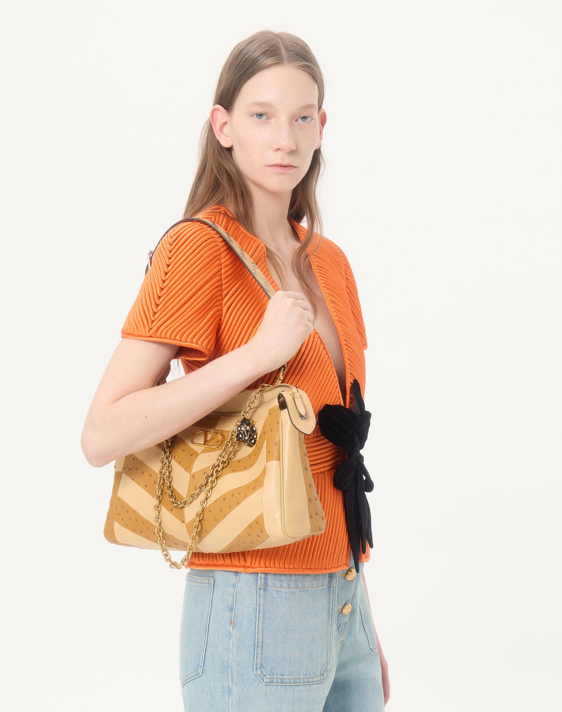Valentino Garavani Panthea Medium Shoulder Bag In Ostrich And Nappa Leather With A Chevron Pattern