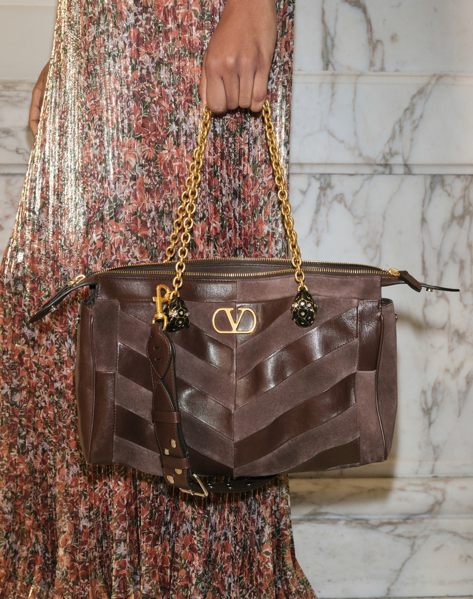 Valentino Garavani Panthea Medium Shoulder Bag In Suede And Nappa With Chevron Motif