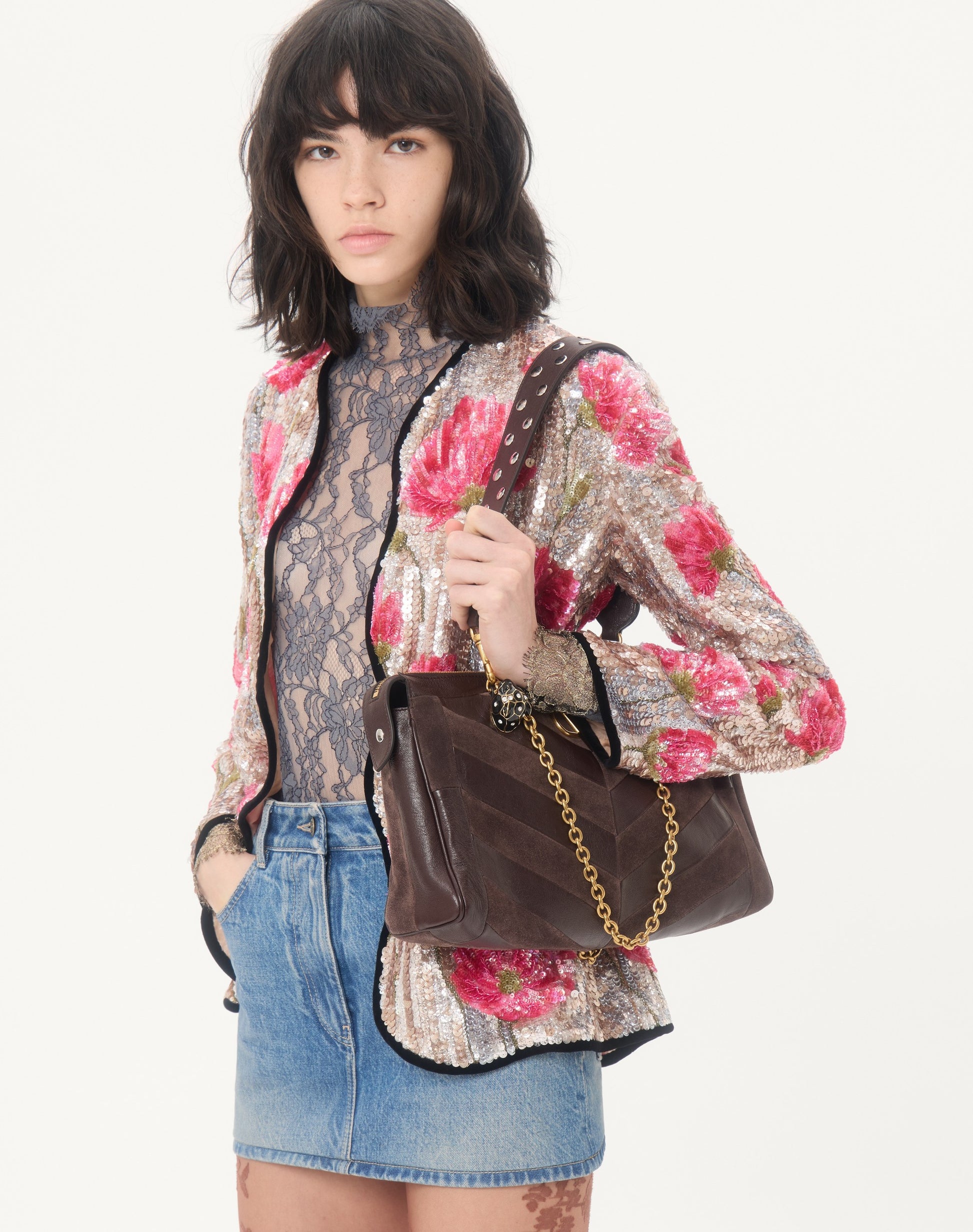 Valentino Garavani Panthea Medium Shoulder Bag In Suede And Nappa With Chevron Motif
