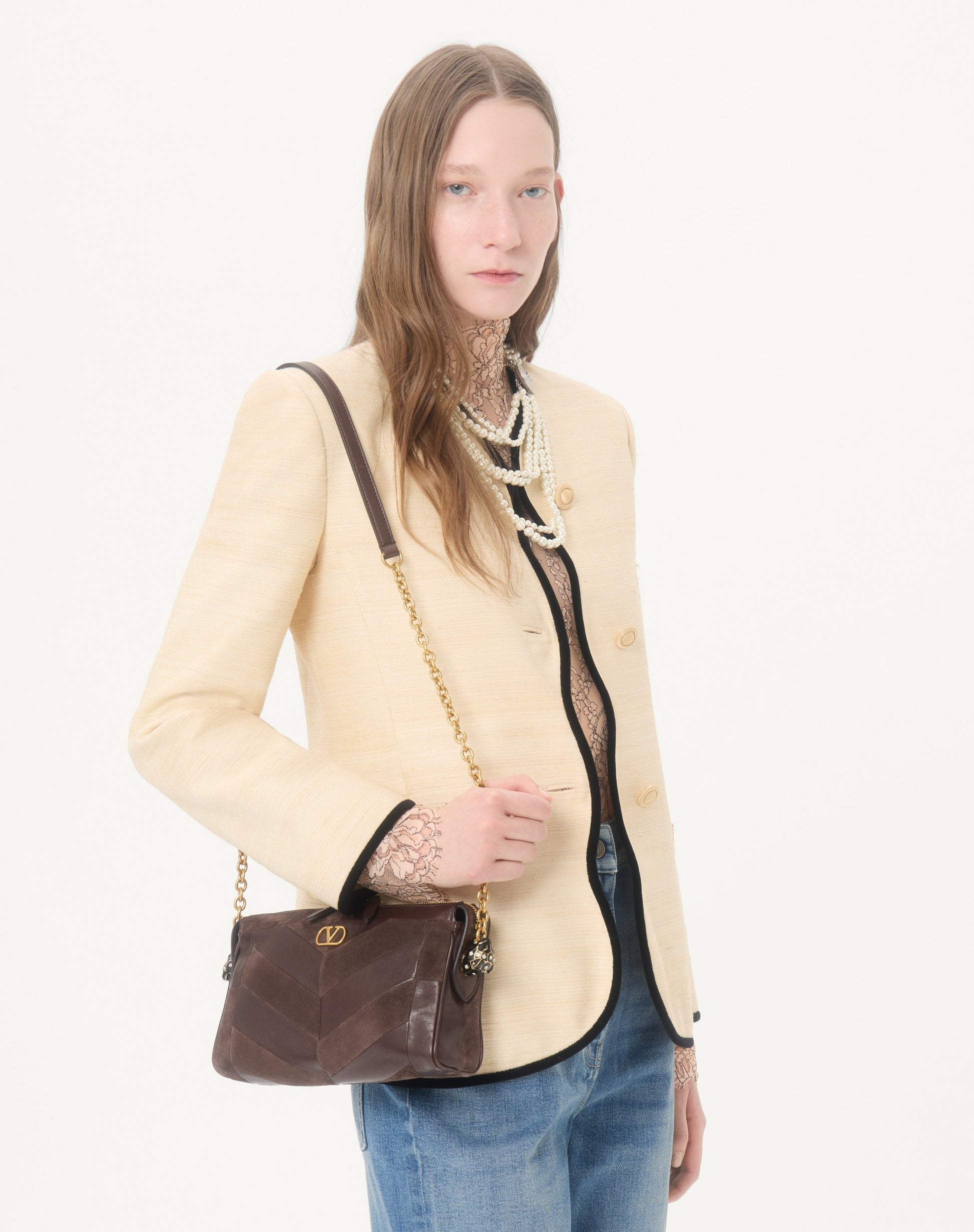 Valentino Garavani Panthea Small Shoulder Bag In Suede And Nappa With Chevron Pattern