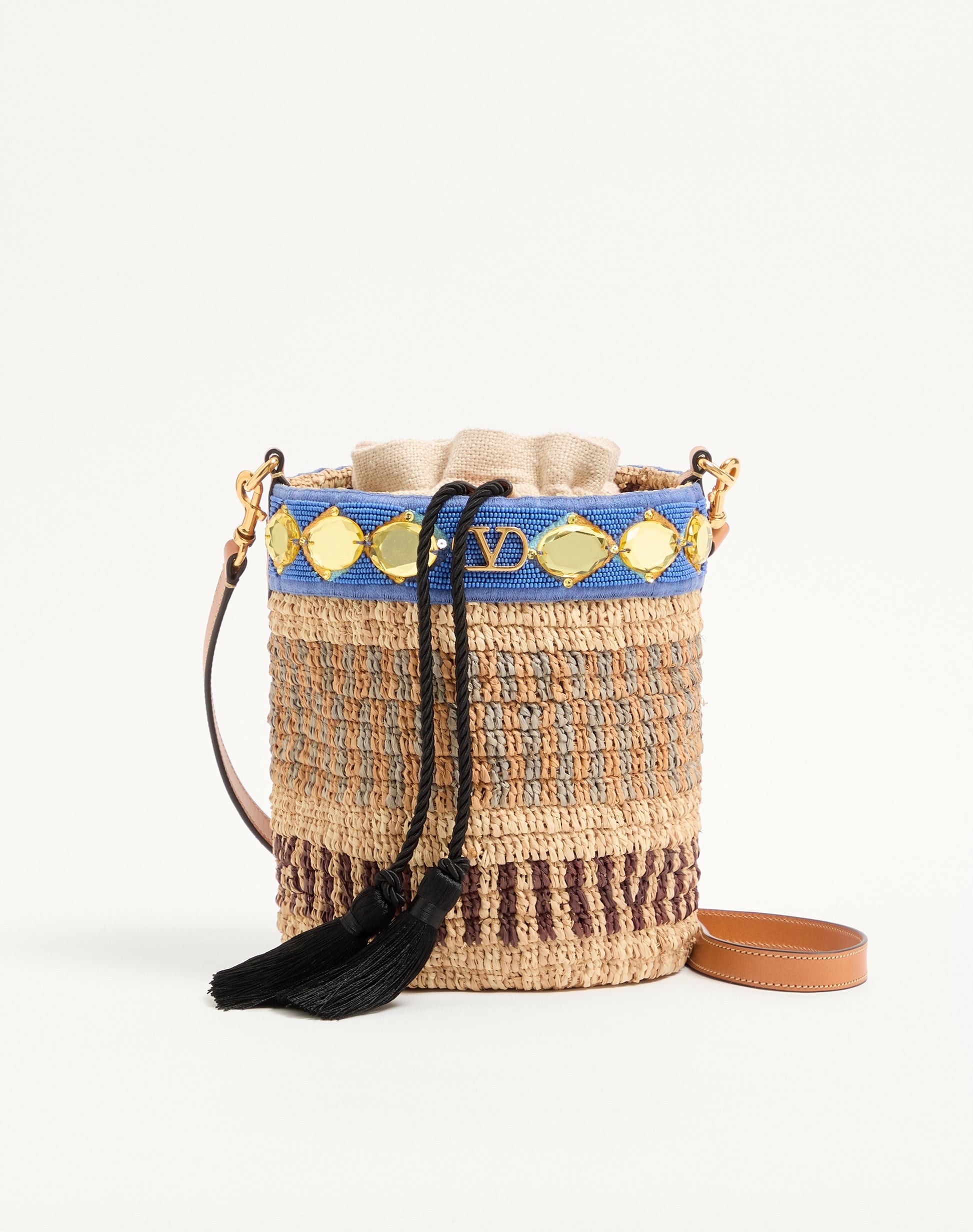 Valentino Garavani Small Raffia Embroidered Bucket Bag
