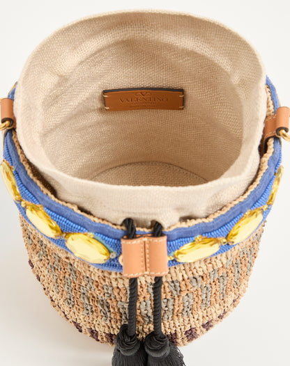 Valentino Garavani Small Raffia Embroidered Bucket Bag