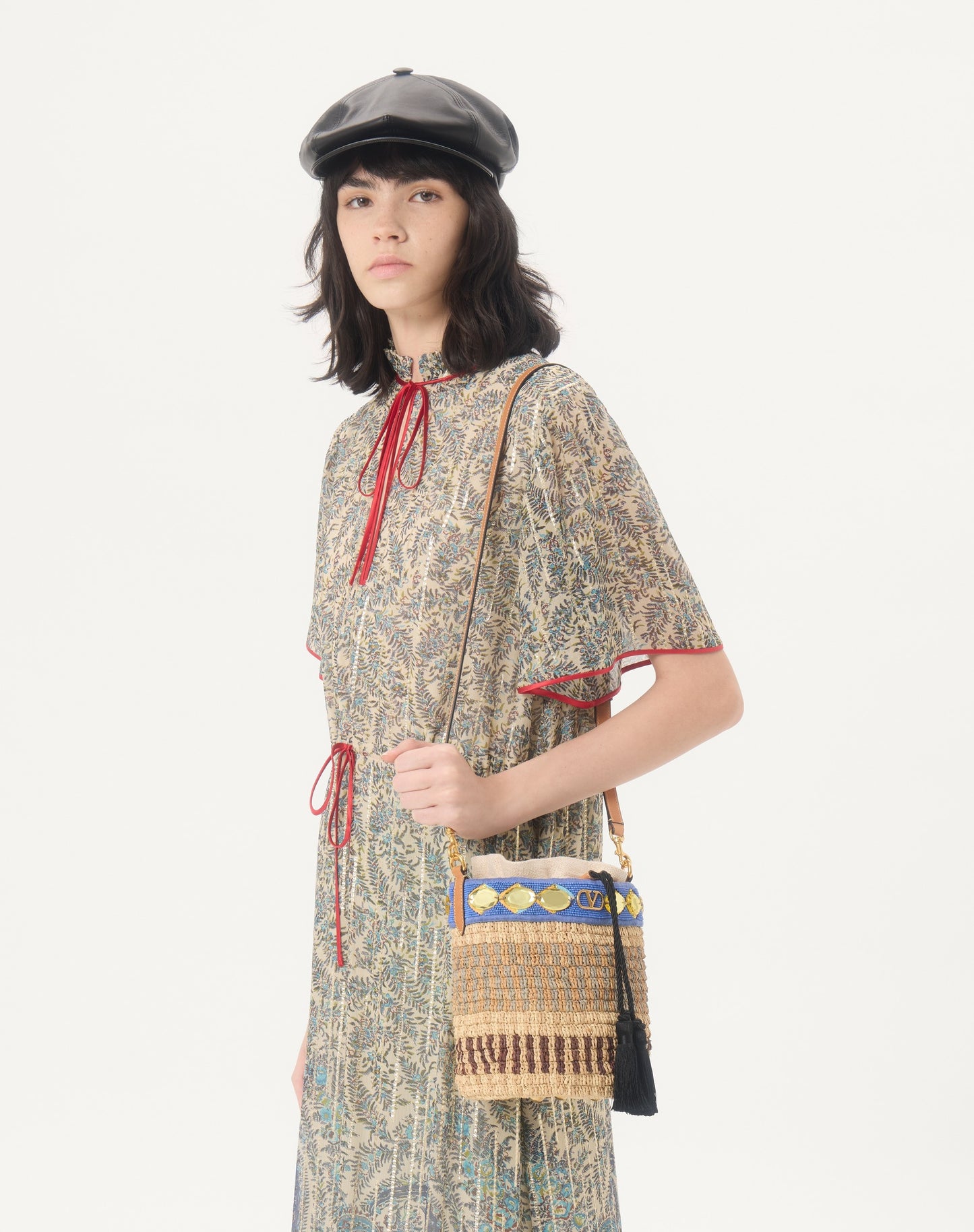 Valentino Garavani Small Raffia Embroidered Bucket Bag