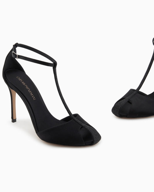 Satin T-bar sandals with rhinestones