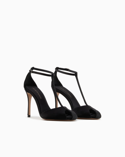 Satin T-bar sandals with rhinestones