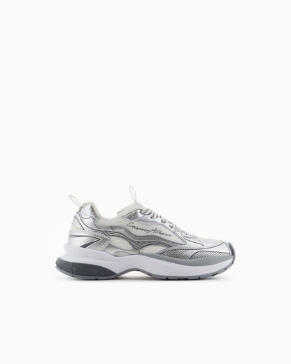 Mesh sneakers with laminated details and signature logo