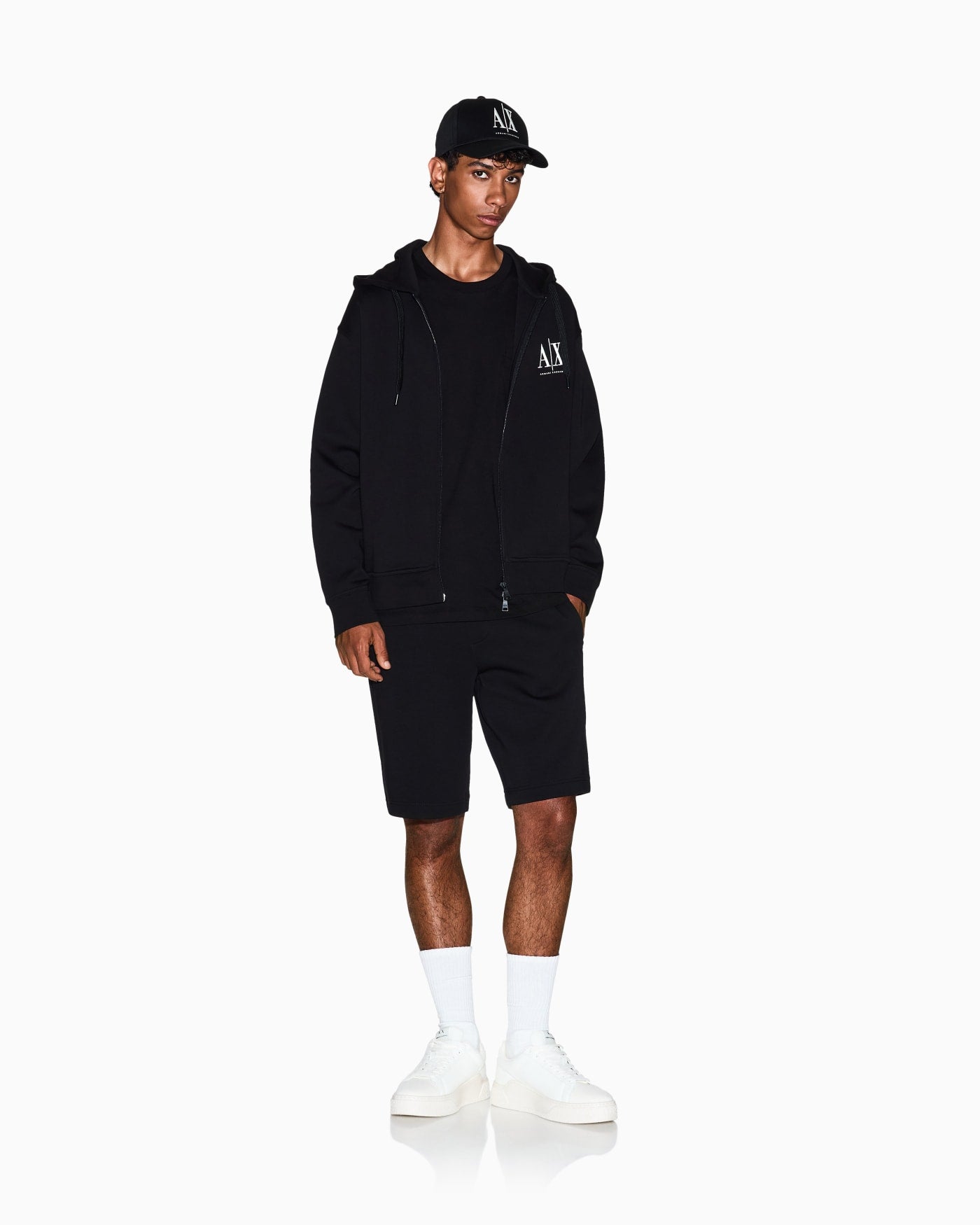 Full-zip hoodie in bonded stretch cotton with logo Icon