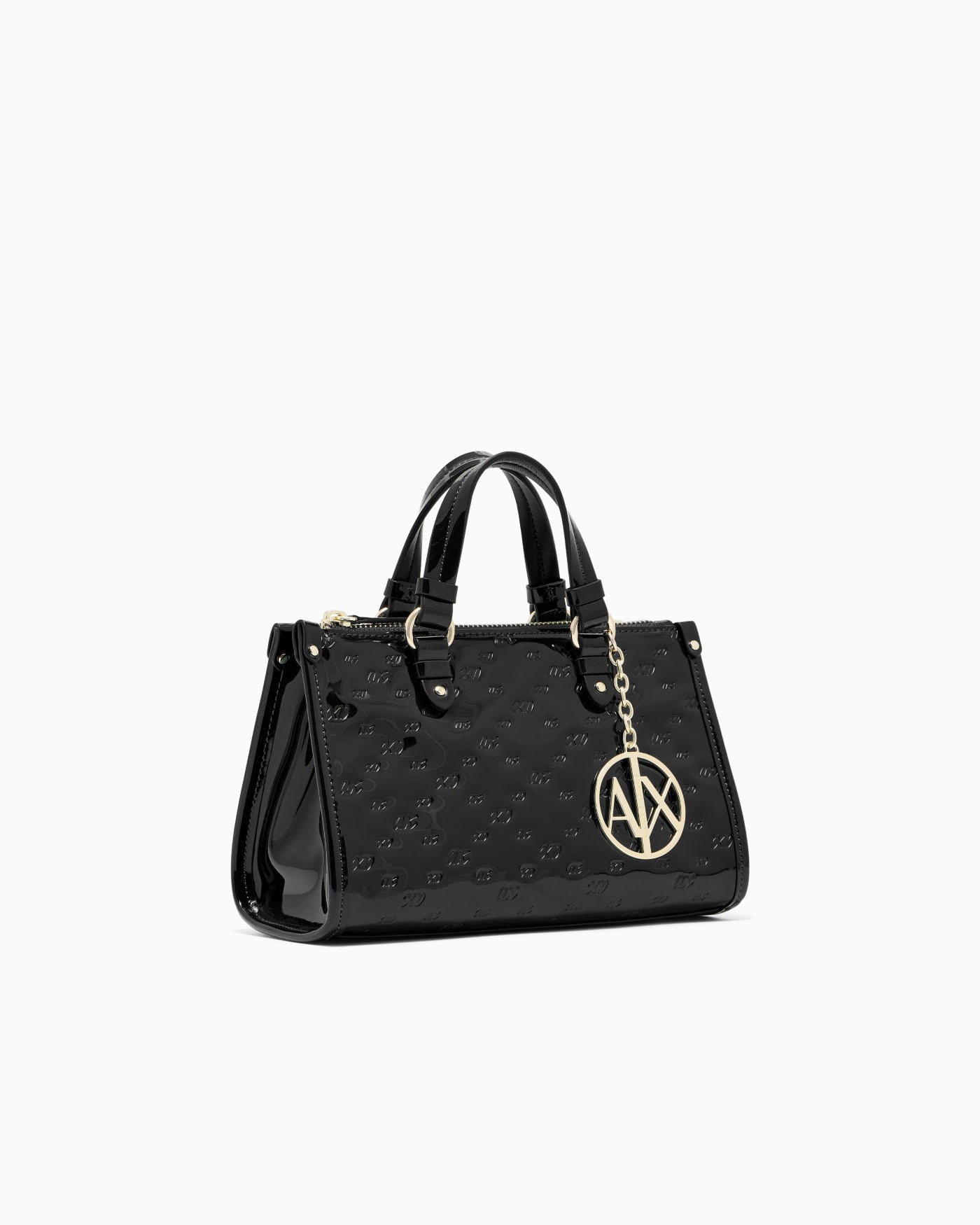 Glossy handbag with embossed pattern and detachable strap