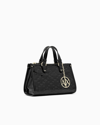 Glossy handbag with embossed pattern and detachable strap