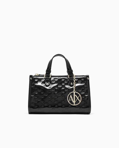 Glossy handbag with embossed pattern and detachable strap
