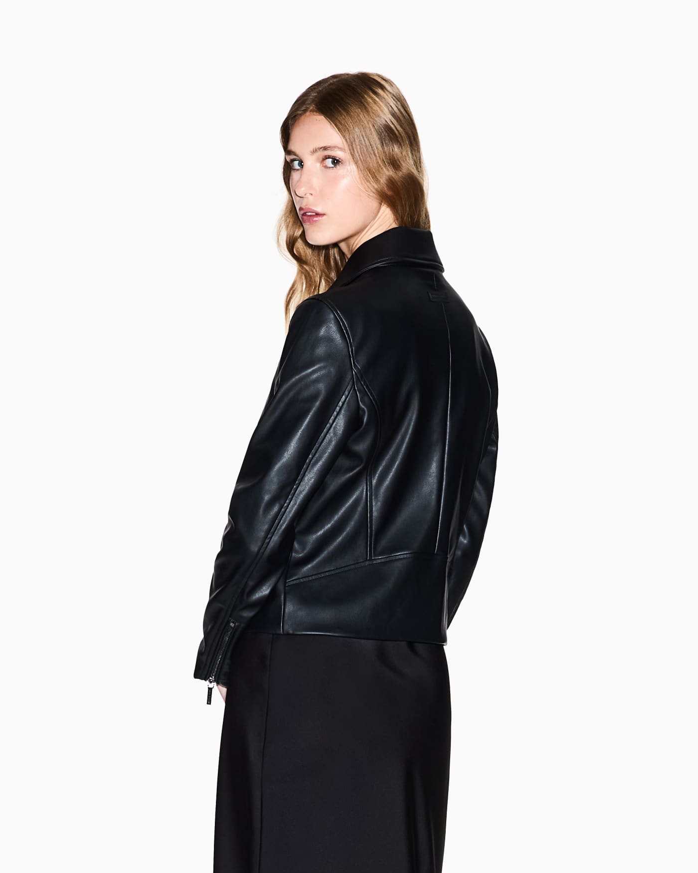 Coat faux leather diagonal zip woman
