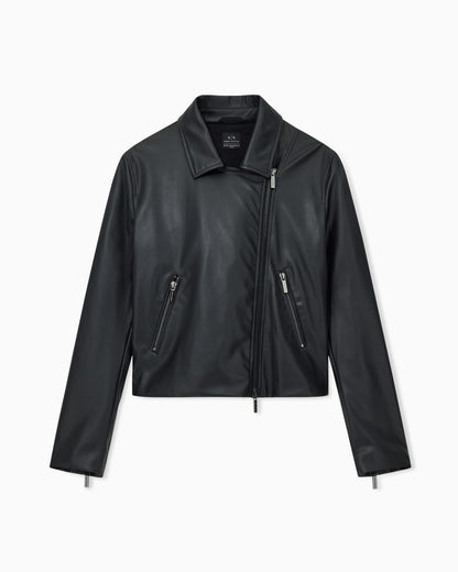 Coat faux leather diagonal zip woman