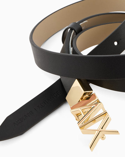 Minimalist leather belt with smooth finish and logo buckle