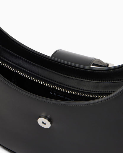 Crescent shoulder bag with a front flap and logo buckle