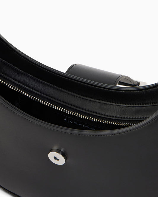 Crescent shoulder bag with a front flap and logo buckle