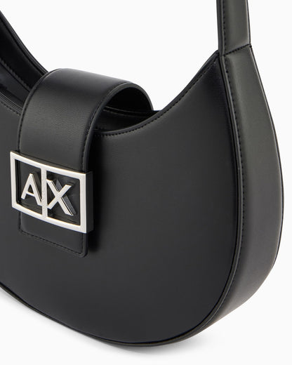 Crescent shoulder bag with a front flap and logo buckle