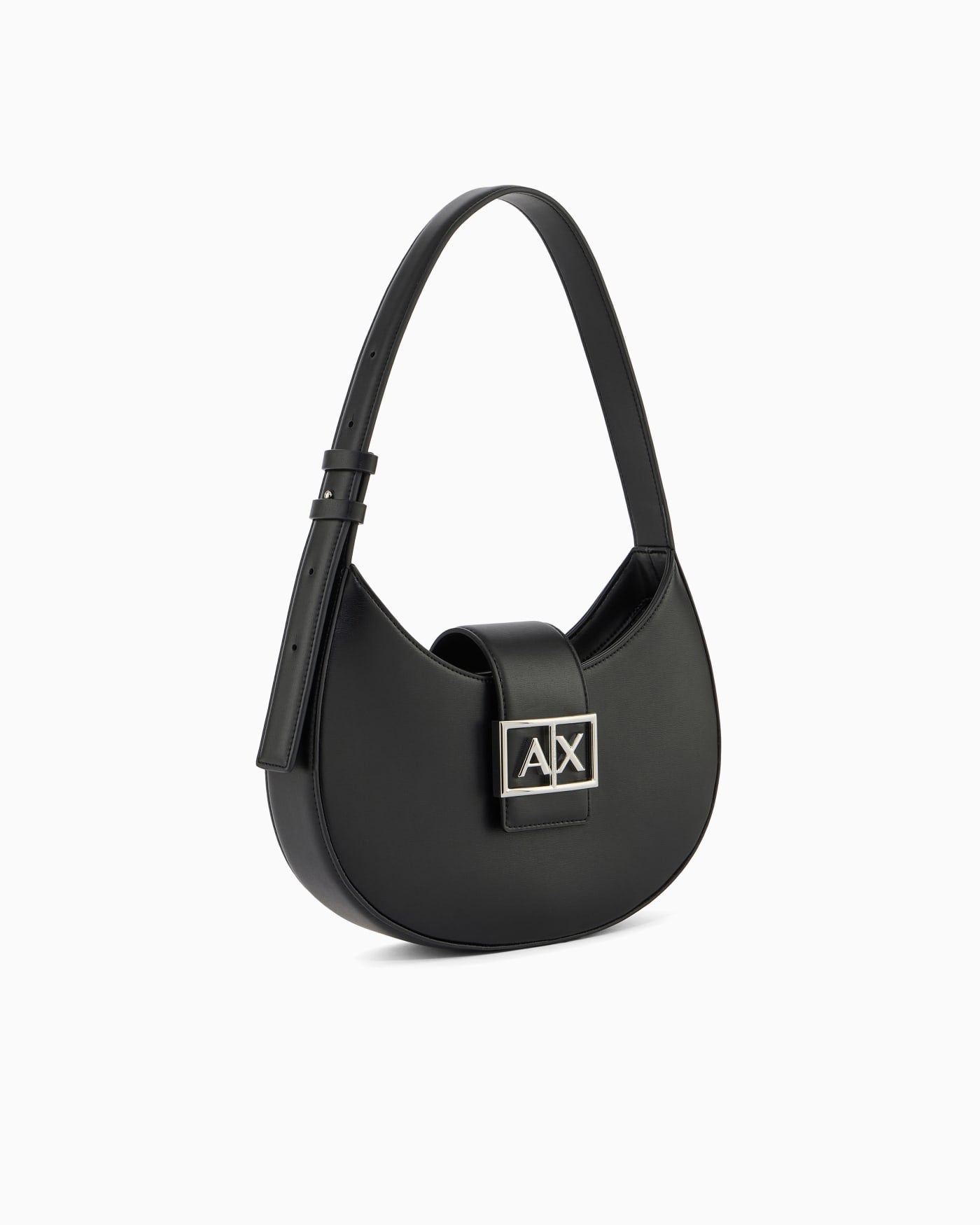 Crescent shoulder bag with a front flap and logo buckle