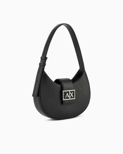 Crescent shoulder bag with a front flap and logo buckle