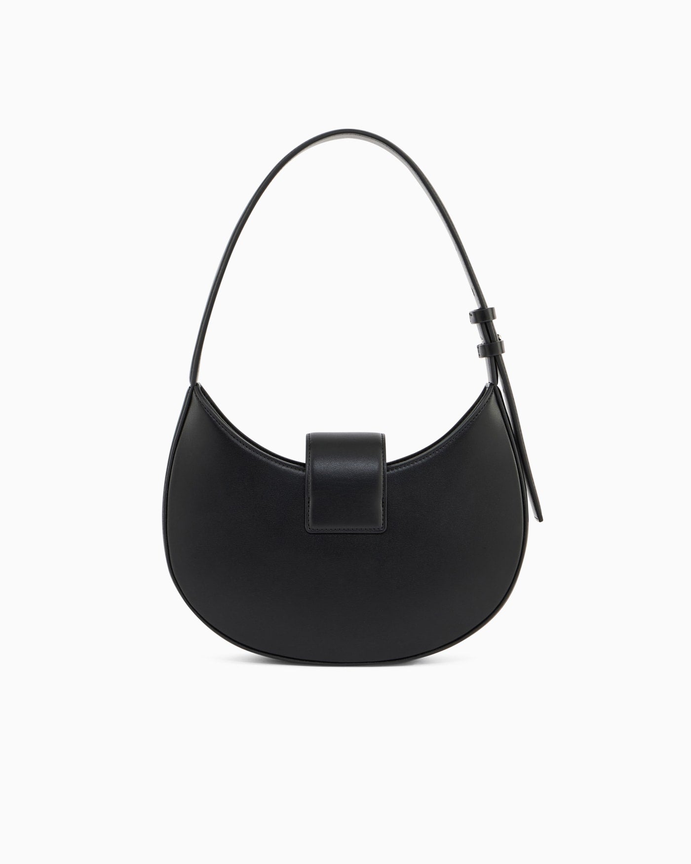 Crescent shoulder bag with a front flap and logo buckle
