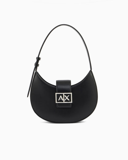 Crescent shoulder bag with a front flap and logo buckle