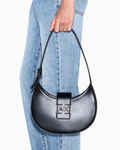 Crescent shoulder bag with a front flap and logo buckle