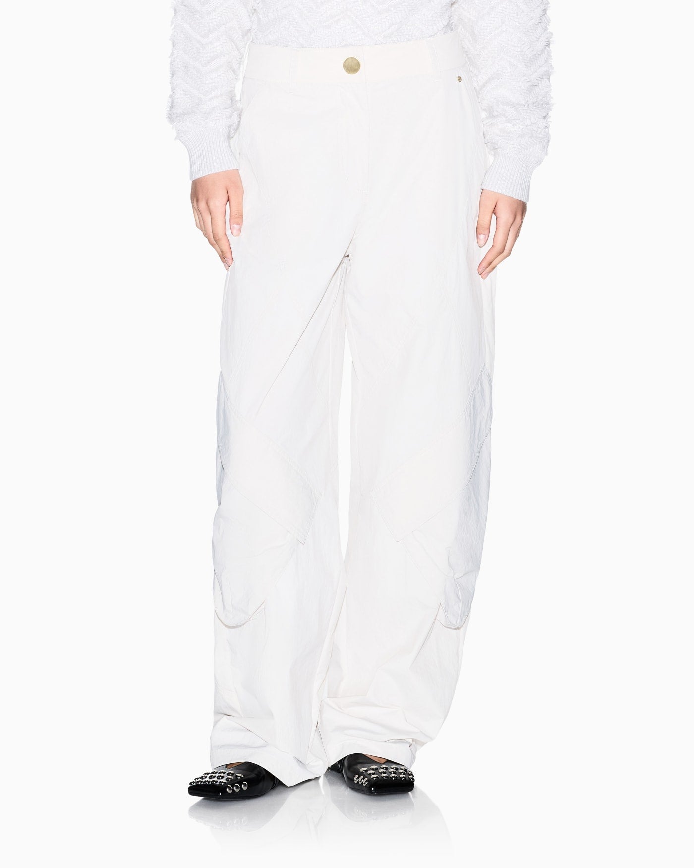 Oversized trousers in crinkle nylon with down padding