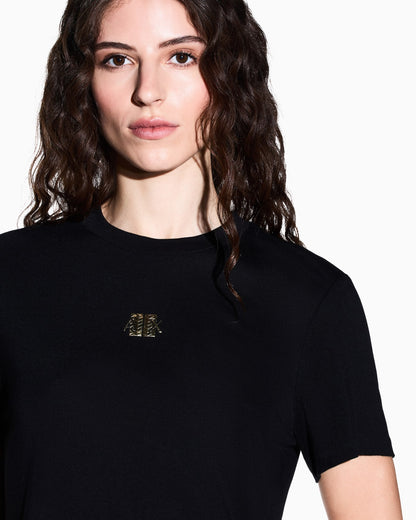 Crew neck T-shirt in viscose jersey with a metallic logo