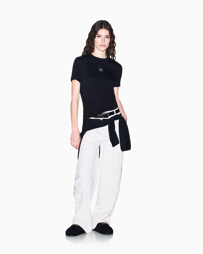 Crew neck T-shirt in viscose jersey with a metallic logo
