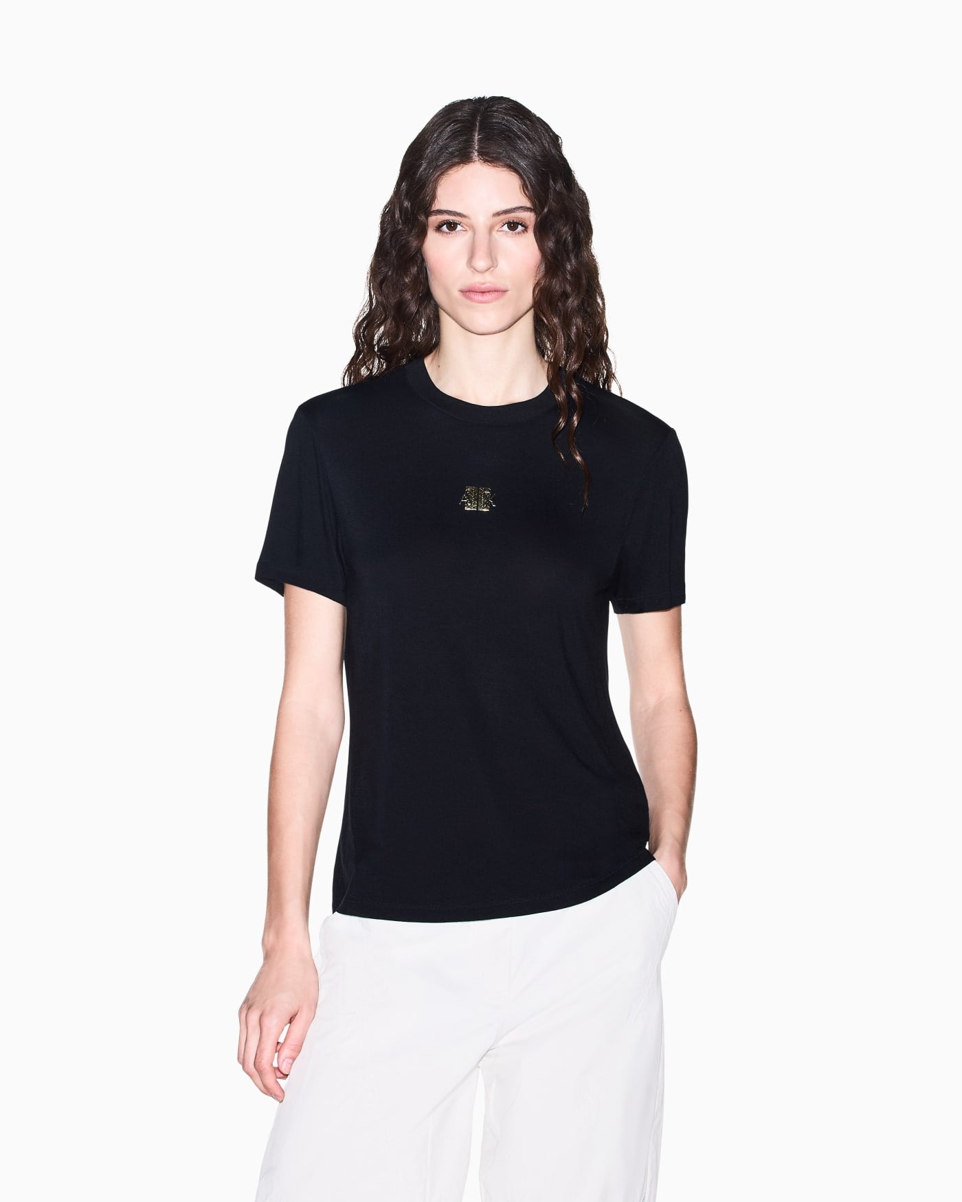 Crew neck T-shirt in viscose jersey with a metallic logo
