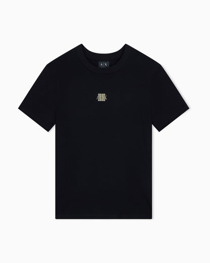 Crew neck T-shirt in viscose jersey with a metallic logo