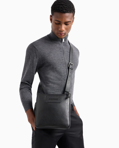Shoulder bag tumbled leather zip for man