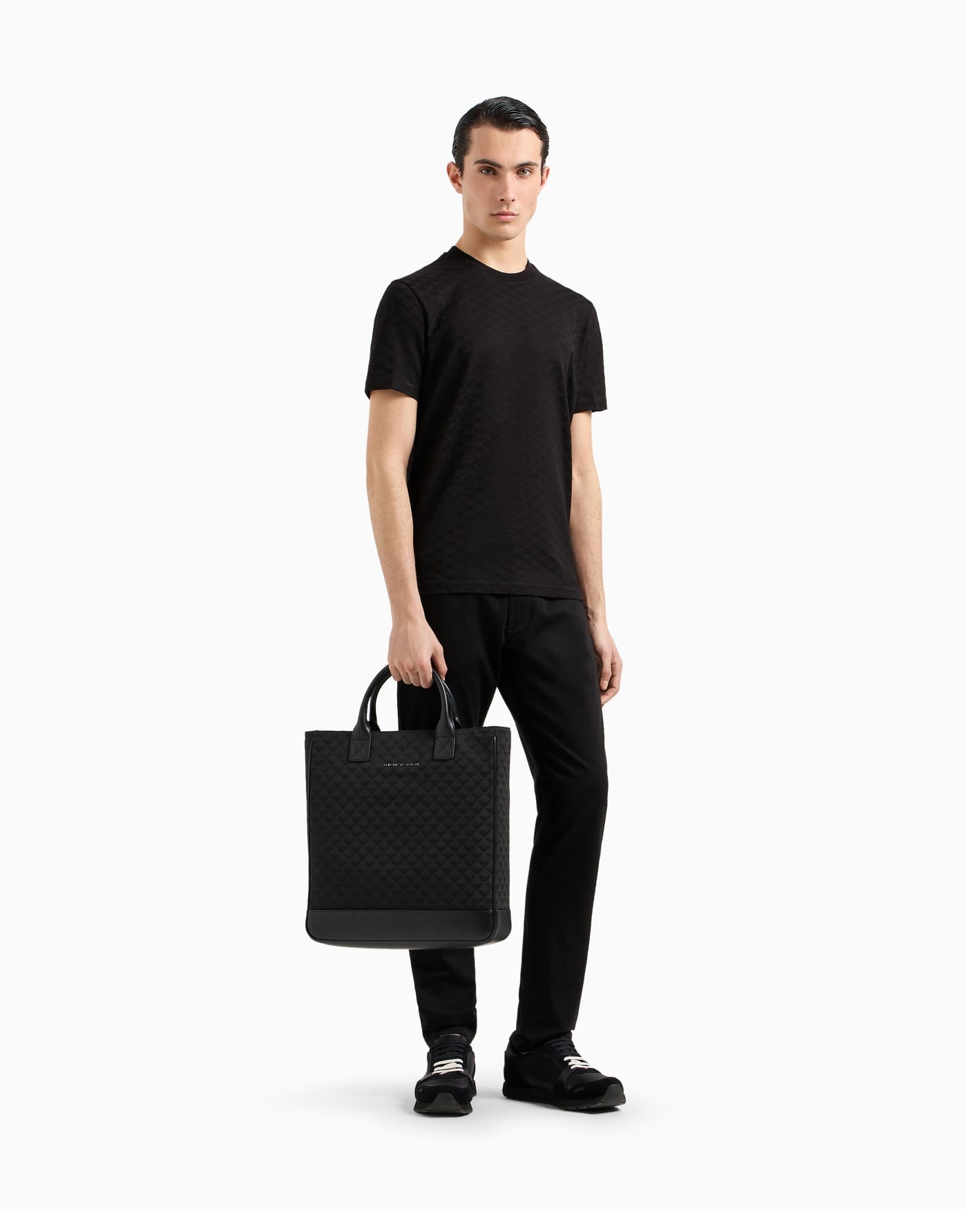Jacquard leather handle tote for man
