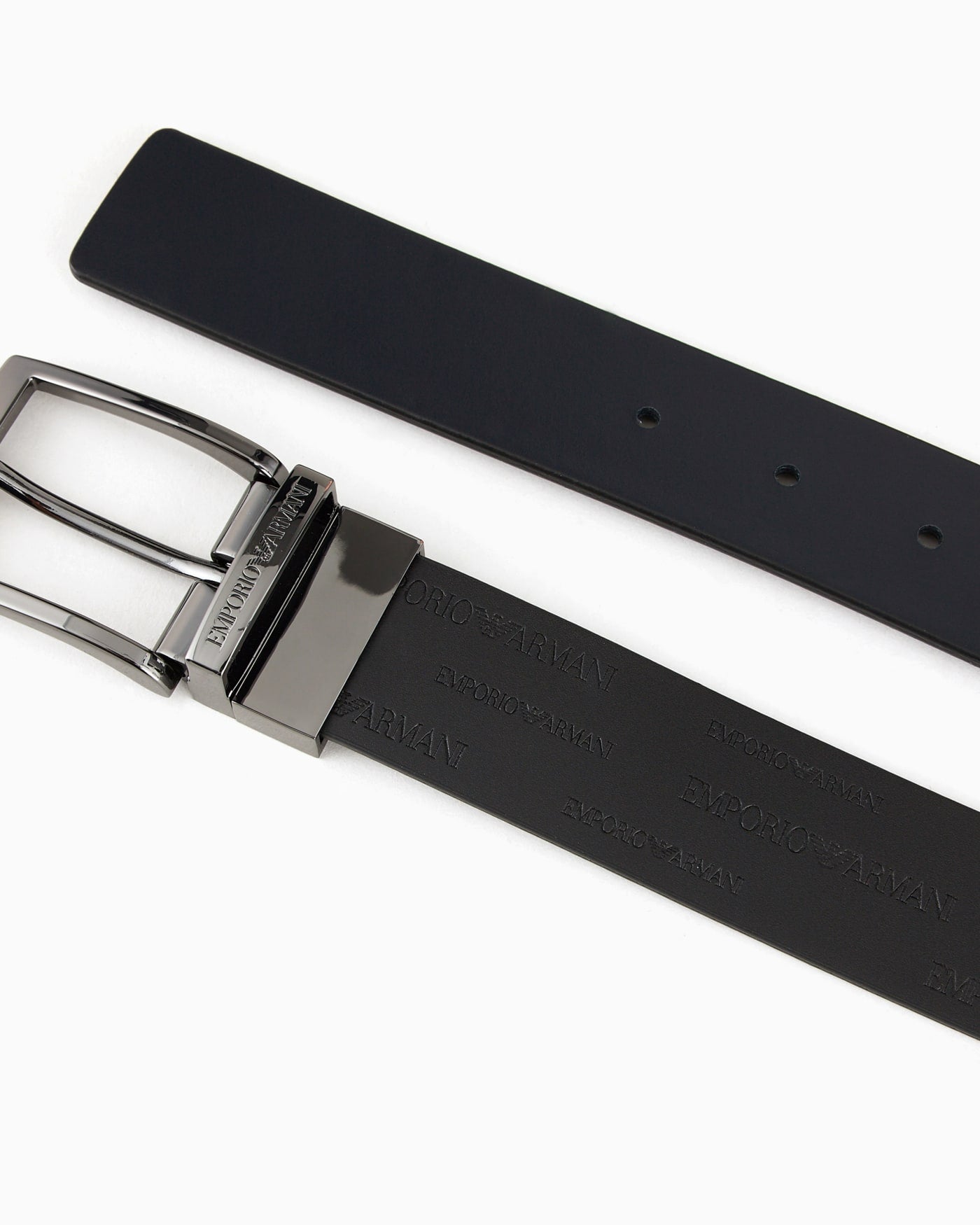 Reversible leather belt with all-over embossed lettering