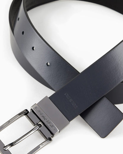 Reversible leather belt with all-over embossed lettering