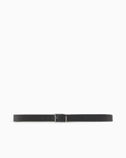 Reversible leather belt with all-over embossed lettering