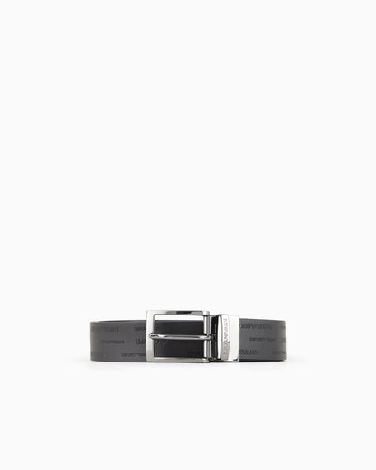 Reversible leather belt with all-over embossed lettering