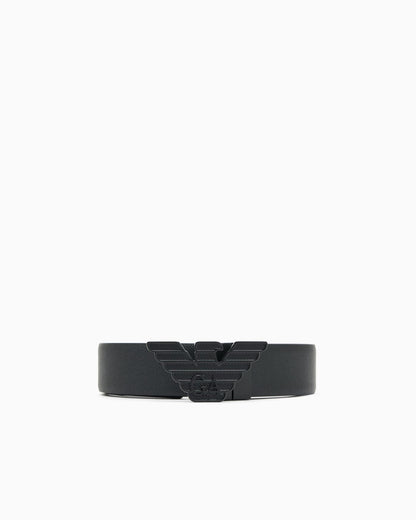 Leather belt with embossed print and eagle buckle