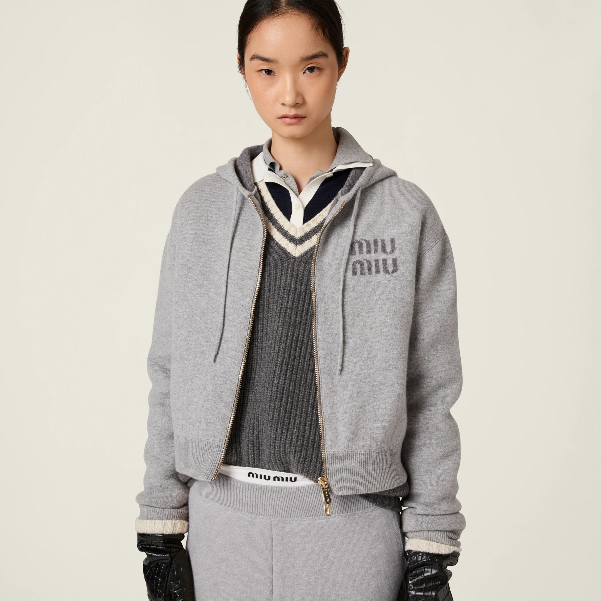 Double cashmere zipper hoodie cardigan