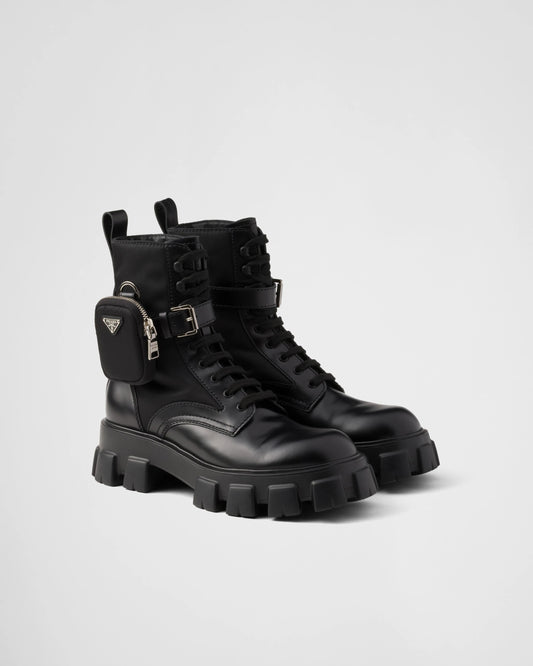 Monolith brushed leather and Re-Nylon boots with pouch
