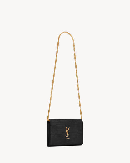 CASSANDRE chain wallet in crocodile-embossed shiny leather