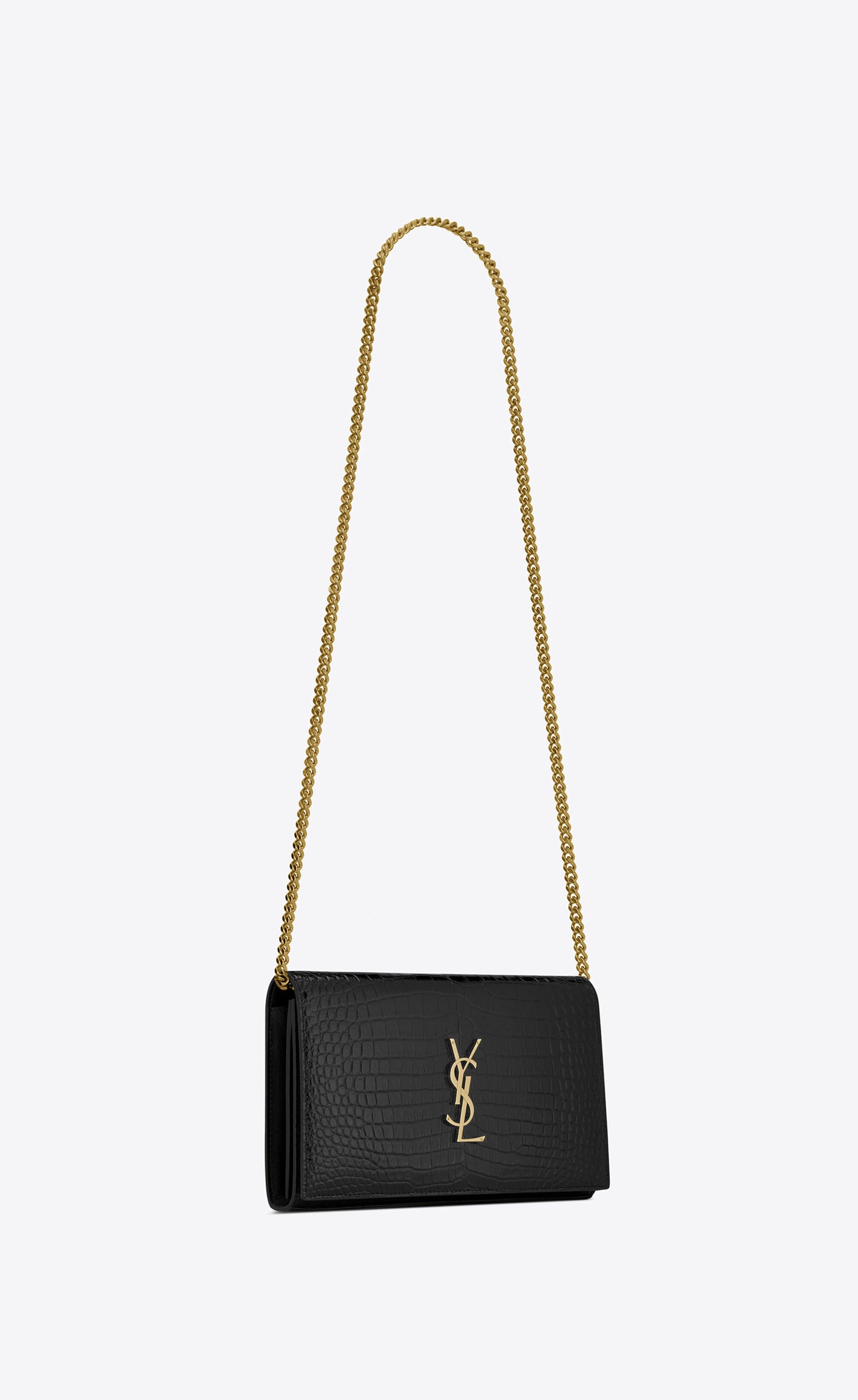 CASSANDRE chain wallet in crocodile-embossed shiny leather