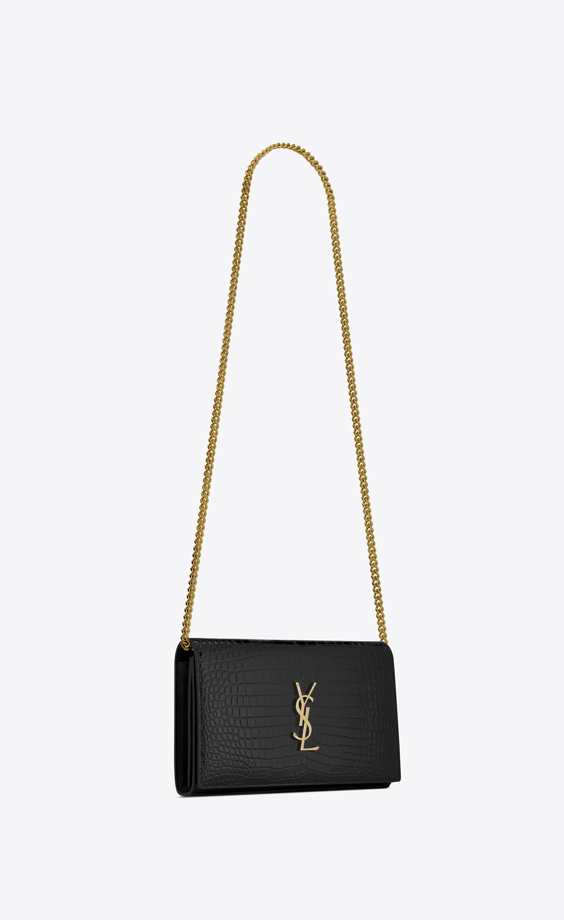 CASSANDRE chain wallet in crocodile-embossed shiny leather