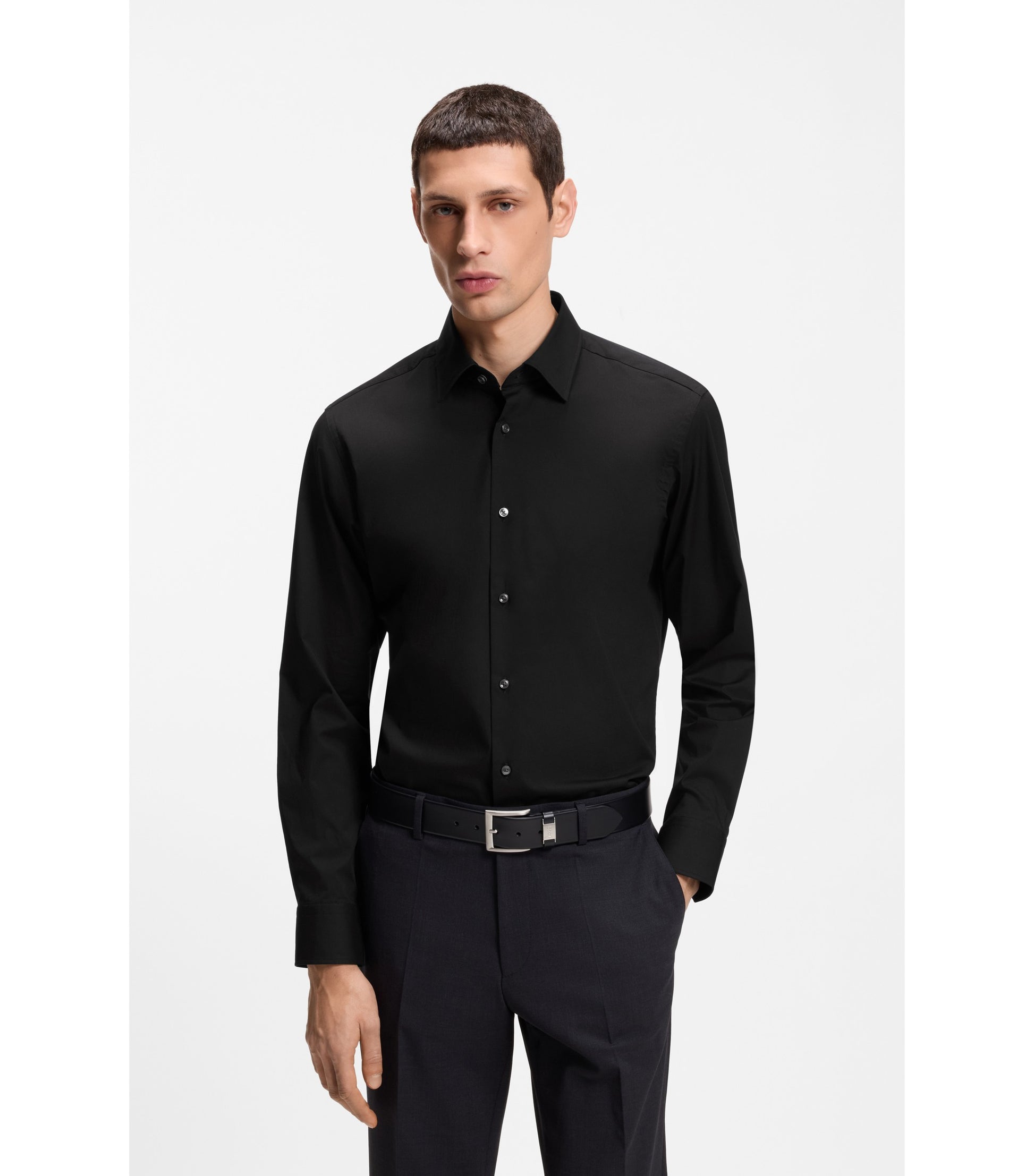 Regular-fit shirt in easy-iron stretch-cotton poplin
