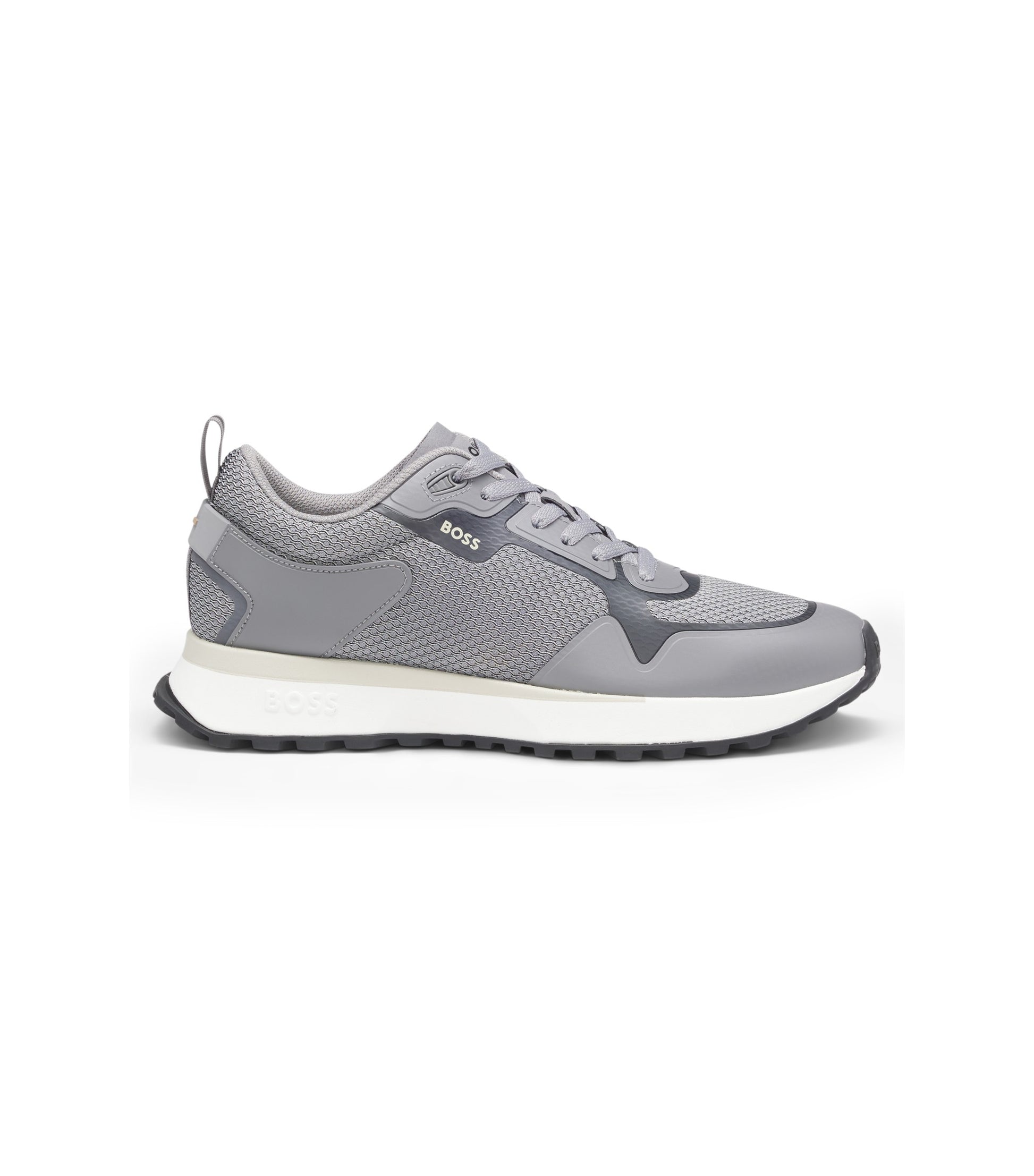 Mixed-material trainers with mesh details and branding