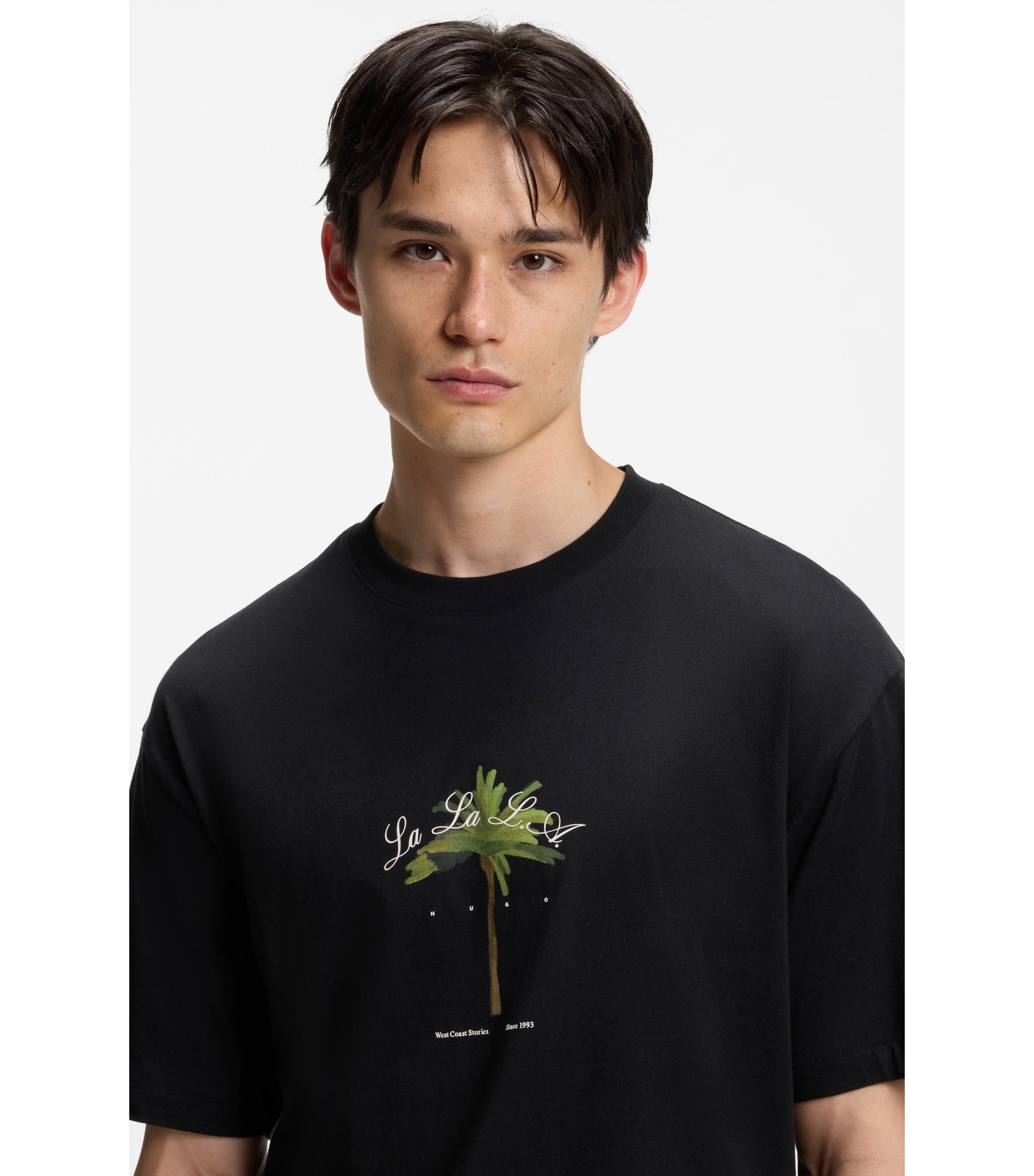 Cotton-jersey T-shirt with palm-tree artwork