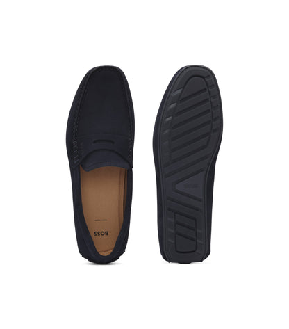 Suede moccasins with penny trim