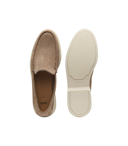 Suede loafers with embossed logo