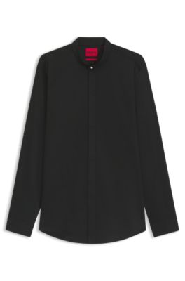 Slim-fit shirt in stretch cotton with stand collar