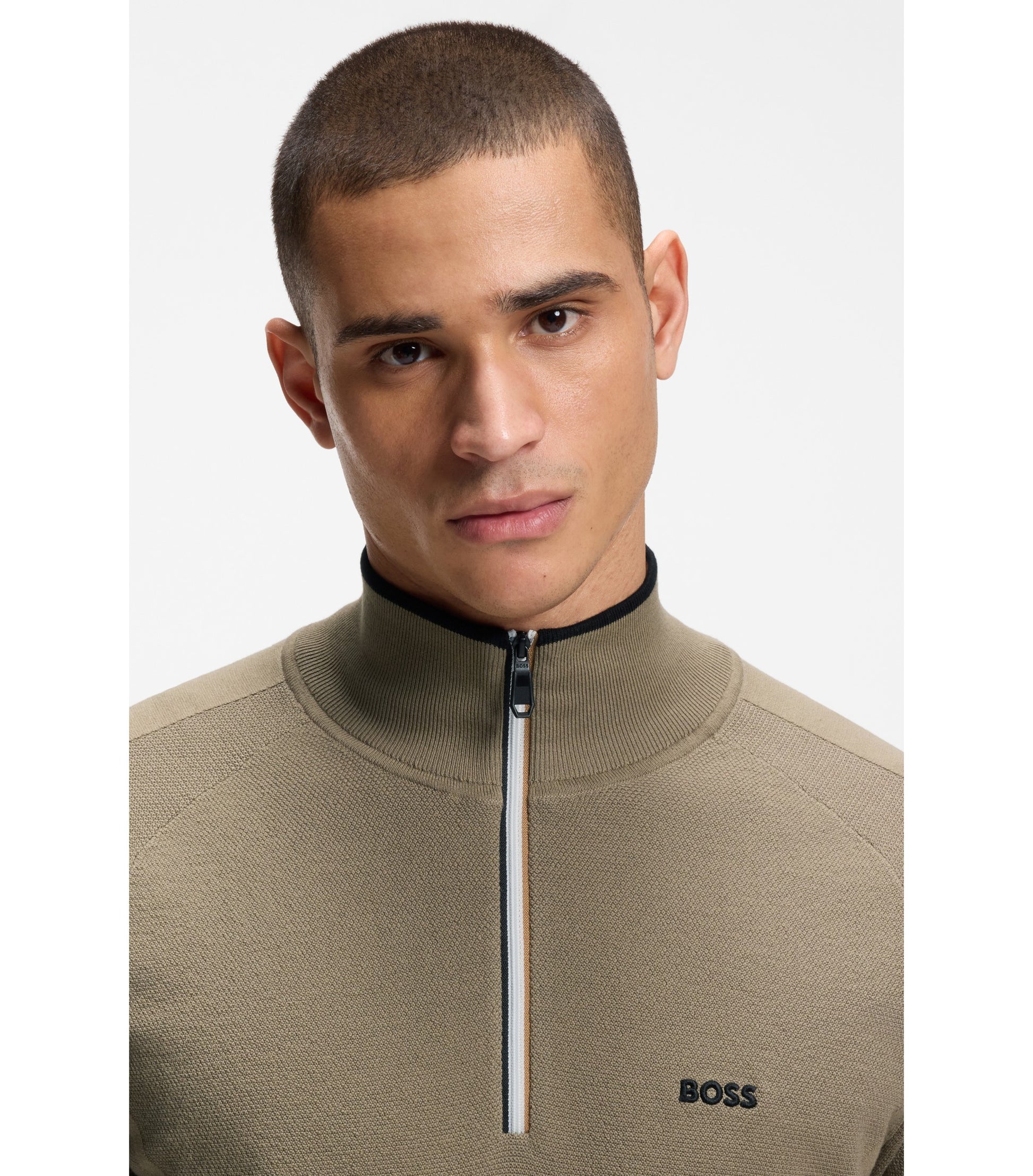 Zip-neck sweater in a mixed-knit cotton blend 